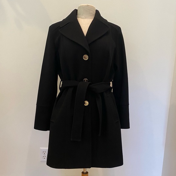 MiCHAEL Michael Kors Womens Black Coat w Gold Buttons / Belted / Size 12 - Picture 1 of 15